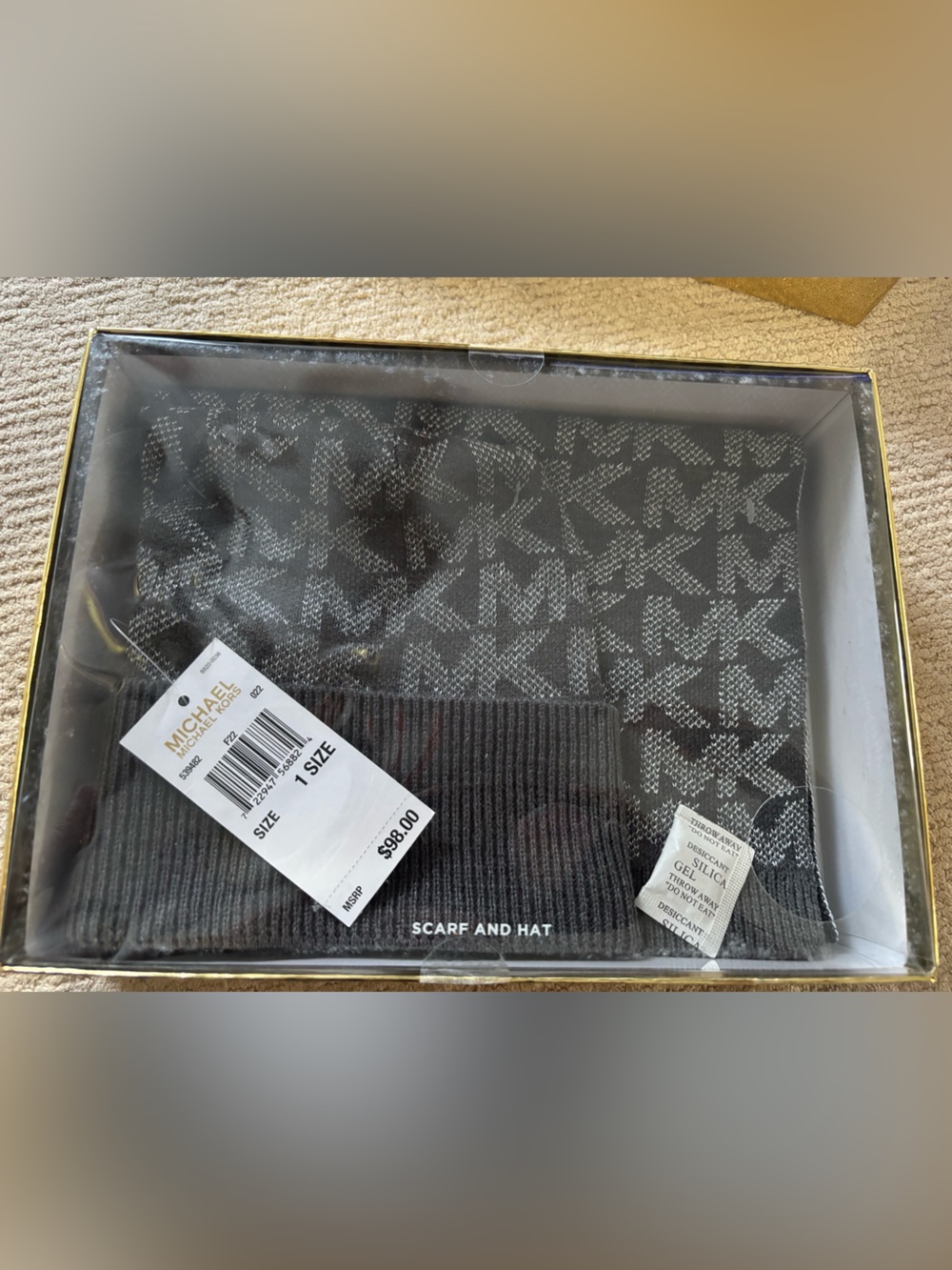 Michael Kors Black MK Logo Scarf & Beanie Set